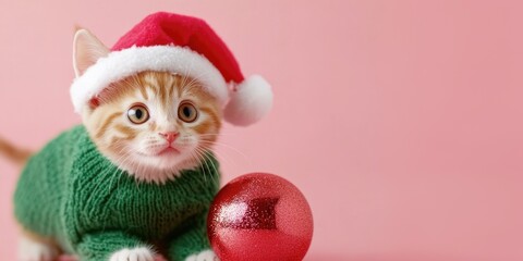 Adorable kitten in santa hat holding red christmas ornament on pink background