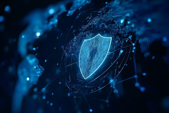Digital blue background with a world map and security shield symbol, a cyber security concept for online safety or data protection technology in the network system of the global internet. 