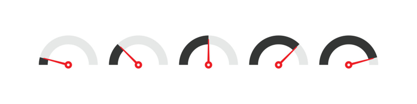 A vector set of speedometer and gauge icons with black and red elements. Perfect for performance indicators, progress levels, and data dashboards