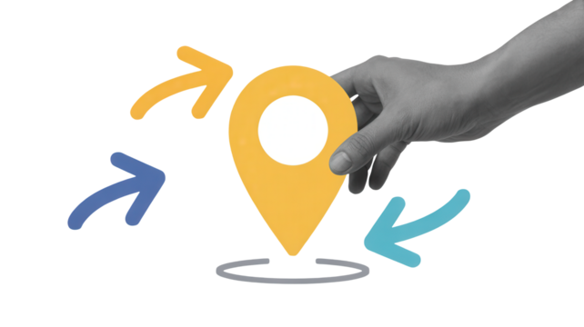 Strategic placement of a prominent location marker by a hand, surrounded by dynamic directional arrows, perfect for mapping, navigation, and business strategy concepts