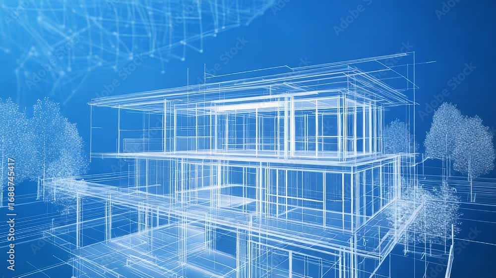 Poster modern house wireframe mesh on blue background with abstract network