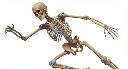 Dynamic human skeleton in motion, capturing the intricate biomechanics of athletic movement, perfect for medical education, fitness, or scientific illustration