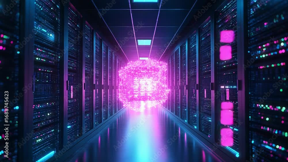 Aufkleber server room hosting glowing polygonal brain, artificial intelligence and cloud computing