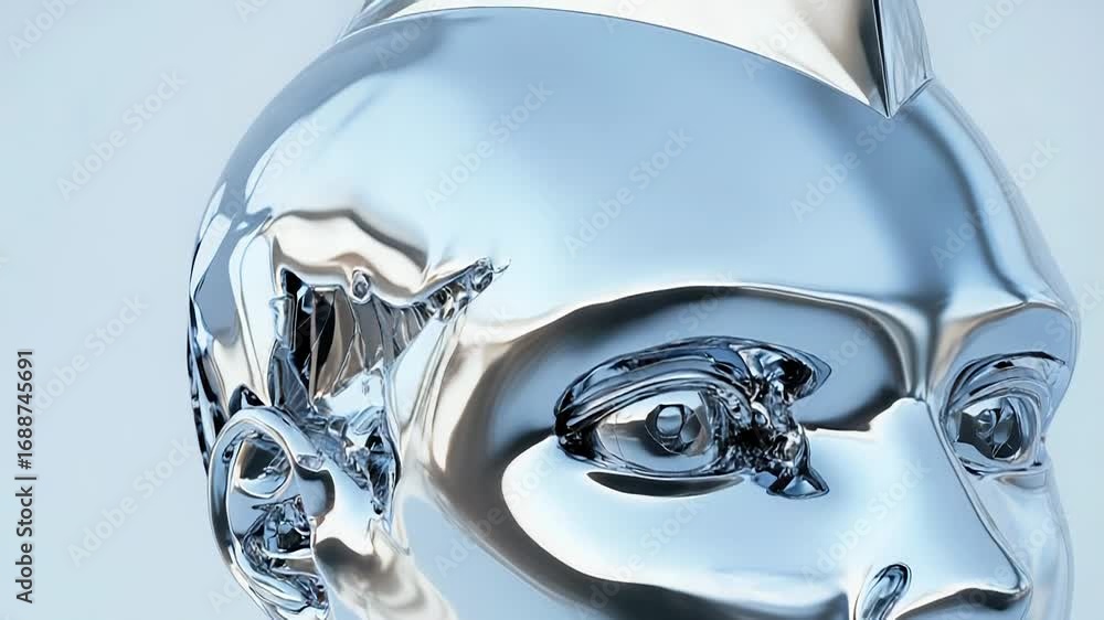 Poster chrome human head exploring artificial intelligence and robotics