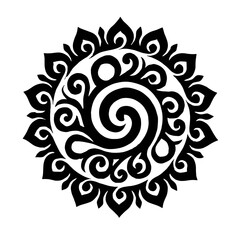 Intricate black and white tribal sun mandala with a central spiral, symbolizing spiritual energy and cosmic connection