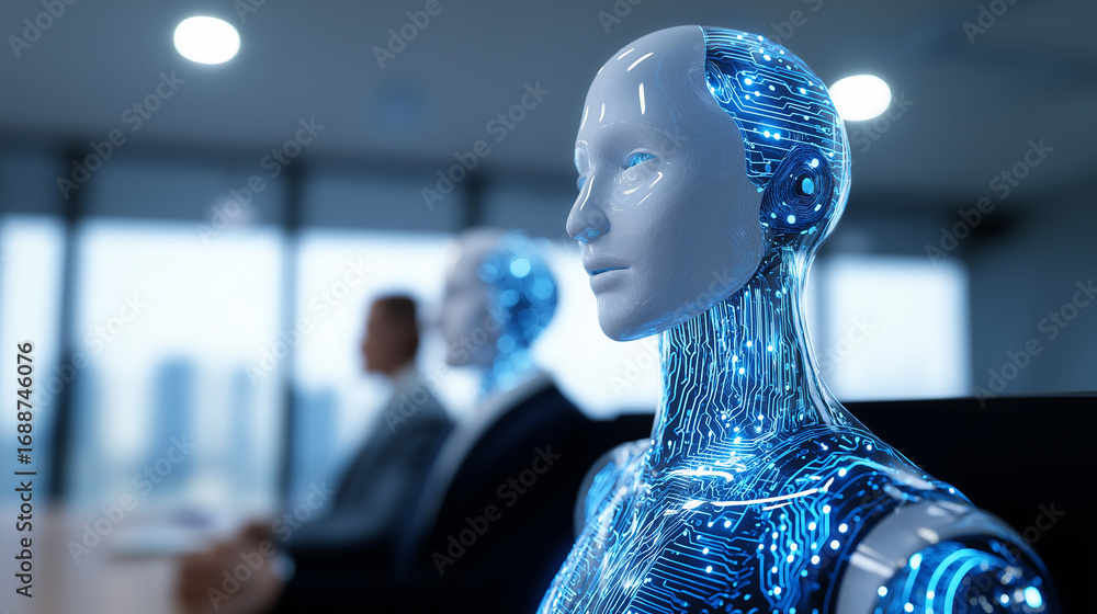 Poster advanced humanoid ai robot with digital circuits in a corporate office environment.