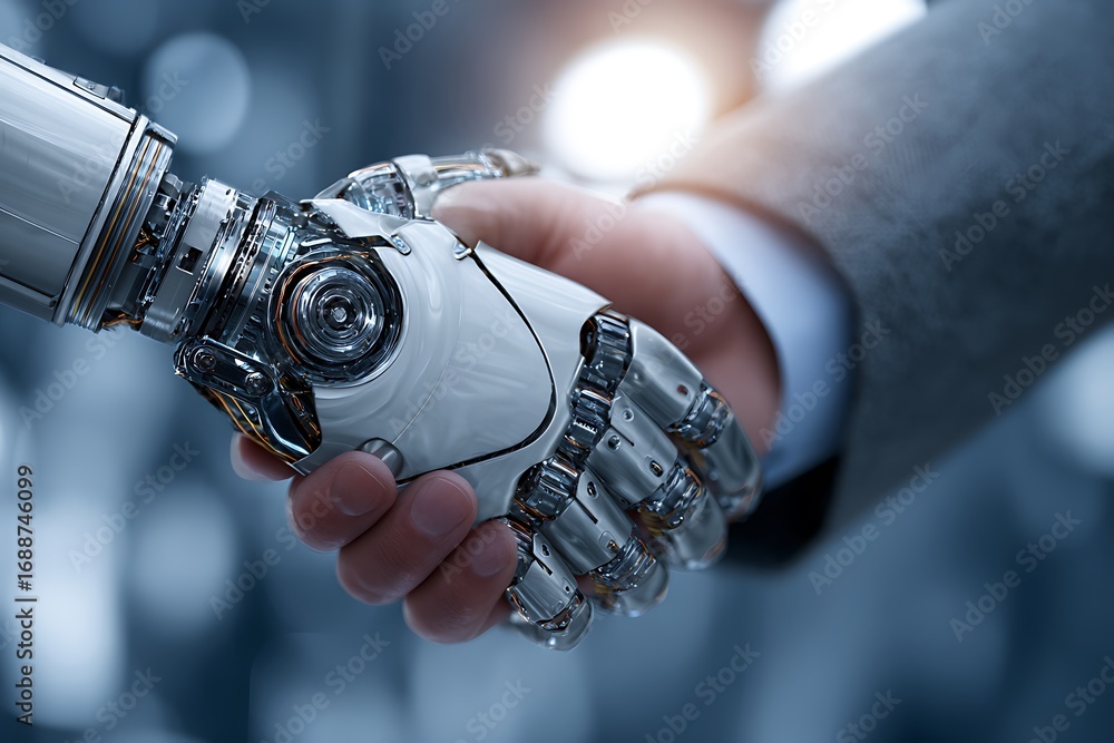 Poster businessman shaking hands with robot showing artificial intelligence development