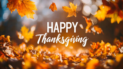 Happy thanksgiving message with falling autumn leaves and bokeh background celebration day