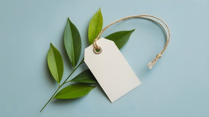 Green paper price tag with eco-friendly blank label and green leaves on a string