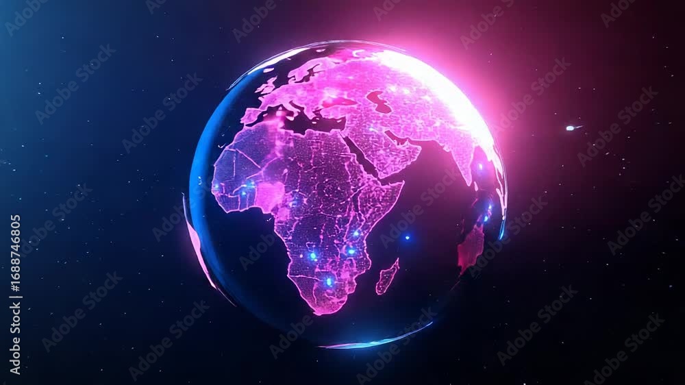 Poster planet earth rotating in space with glowing lines and dots effect