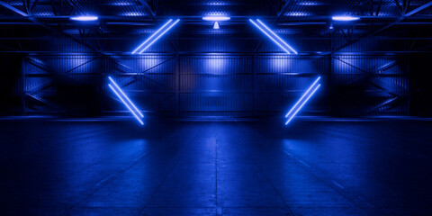 Underground Parking Corridor Spaceship Red Glow Room Garage Hangar Warehouse Sci Fi Futuristic Metal Mesh Panels Structure Stone Floor Showroom Garage Lights 3D Rendering