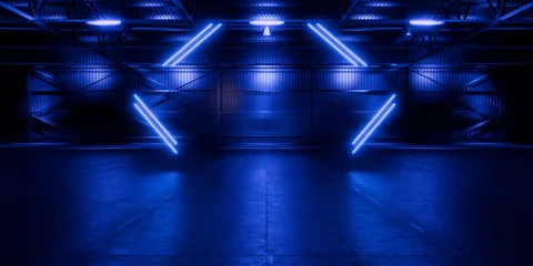 Underground Parking Corridor Spaceship Red Glow Room Garage Hangar Warehouse Sci Fi Futuristic Metal Mesh Panels Structure Stone Floor Showroom Garage Lights 3D Rendering © IM_VISUALS