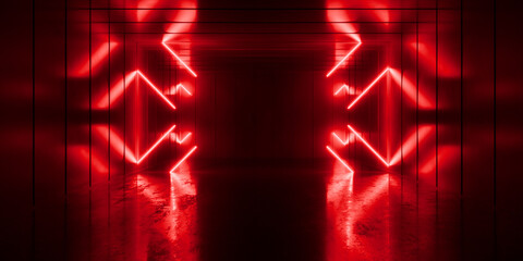 Modern Alien Tunnel Corridor Spaceship Red Glow Lasers Room Garage Hangar Warehouse Sci Fi Futuristic Metal Mesh Panels Structure Stone Floor Showroom Garage Lights 3D Rendering