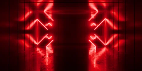 Modern Alien Tunnel Corridor Spaceship Red Glow Lasers Room Garage Hangar Warehouse Sci Fi Futuristic Metal Mesh Panels Structure Stone Floor Showroom Garage Lights 3D Rendering © IM_VISUALS