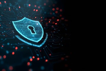  Abstract digital security background with lock and shield symbols, a technology concept for online protection or a crossed-out padlock symbol on a blue tech banner. 