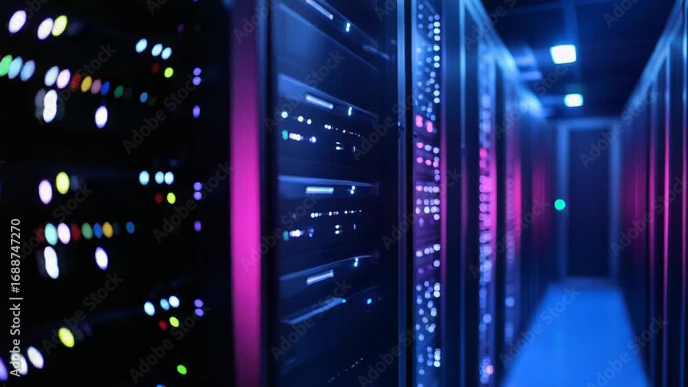 Poster server room blinking lights indicate working datacenter network