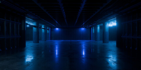 Underground Tunnel Corridor Spaceship Red Glow Room Garage Hangar Warehouse Sci Fi Futuristic Metal Mesh Panels Structure Stone Floor Showroom Garage Lights 3D Rendering