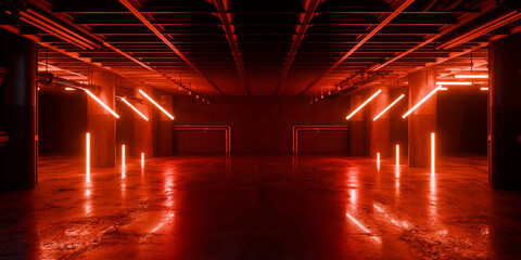 Underground Tunnel Corridor Spaceship Red Glow Room Garage Hangar Warehouse Sci Fi Futuristic Metal Mesh Panels Structure Stone Floor Showroom Garage Lights 3D Rendering