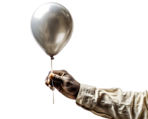 Hand holding glossy silver balloon by string isolated on a transparent background 3