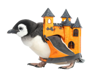 Small Penguin Chick with Miniature Orange Halloween Castle