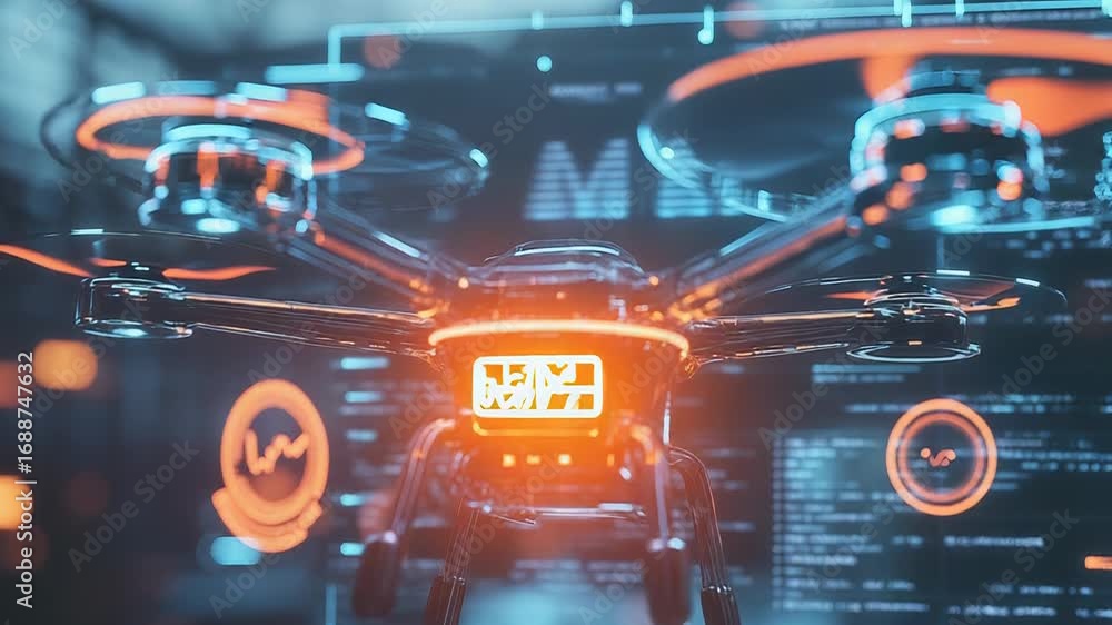 Poster transparent drone hovering in front of futuristic display showing charts and data