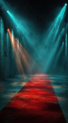 Red carpet illuminated by dramatic stage lights in a darkened venue, creating a captivating atmosphere for an event