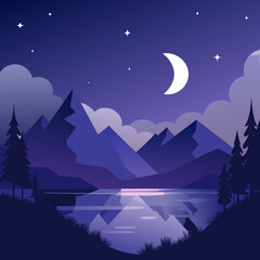 Night sky over mountain lake, minimalist silhouette art.