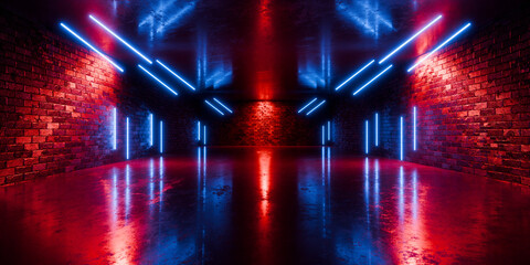 Neon Vibrant Glowing Lasers Sci Fi Cyber Futuristic Underground Metal Alien Shaped Walls  Garage Hangar Tunnel Corridor Modern Realistic Parking Showroom Studio 3D Rendering