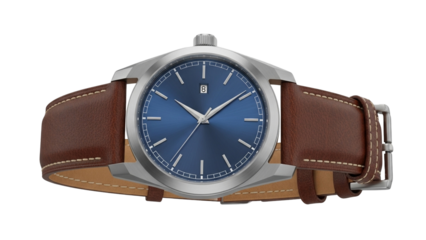 Realistic 3D Wristwatch with Leather Strap Isolated on Transparent Background