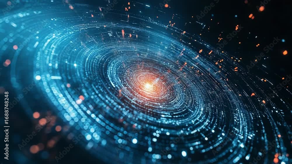Aufkleber futuristic swirling data stream forming concentric circles with glowing core