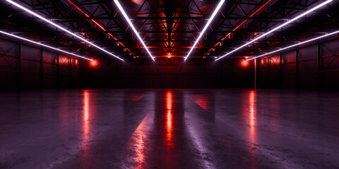 Modern Alien Tunnel Corridor Spaceship Red Glow Room Garage Hangar Warehouse Sci Fi Futuristic Metal Mesh Panels Structure Stone Floor Showroom Garage Lights 3D Rendering