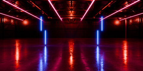 Modern Alien Tunnel Corridor Spaceship Red Glow Room Garage Hangar Warehouse Sci Fi Futuristic Metal Mesh Panels Structure Stone Floor Showroom Garage Lights 3D Rendering