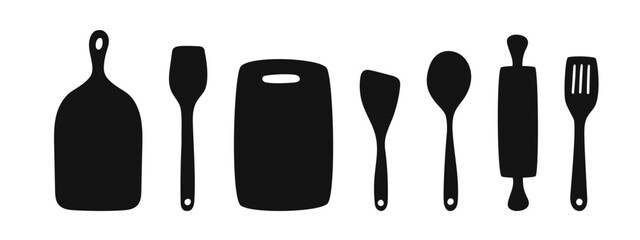 Solid black silhouettes of kitchen utensils – spatula, spoon, rolling pin, cutting board – ideal for recipe cards, restaurant logos, cooking blogs, and kitchen décor.