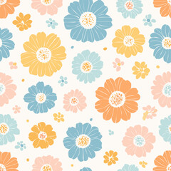 Seamless floral pattern with colorful retro flowers and leaves. Bright vintage style illustration, perfect for textile, wallpaper, packaging, and spring or summer design projects