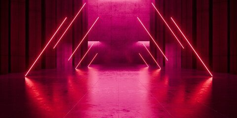 Modern Underground Massive Concrete Cement Blocks Hallway Room Tunnel Corridor Bunker Hangar Realistic Stage Lights Empty Warehouse 3D Rendering