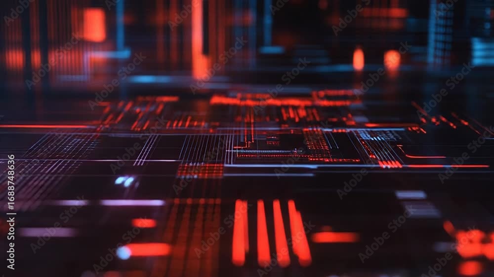 Poster futuristic server room processing data with red and blue lights
