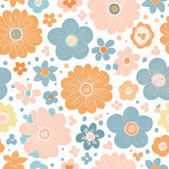 Fototapeta premium Seamless floral pattern with colorful retro flowers and leaves. Bright vintage style illustration, perfect for textile, wallpaper, packaging, and spring or summer design projects