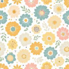 Seamless floral pattern with colorful retro flowers and leaves. Bright vintage style illustration, perfect for textile, wallpaper, packaging, and spring or summer design projects