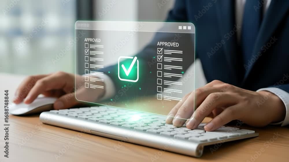 Poster a businessman keyboard checklist approval digital technology office success professional modern work