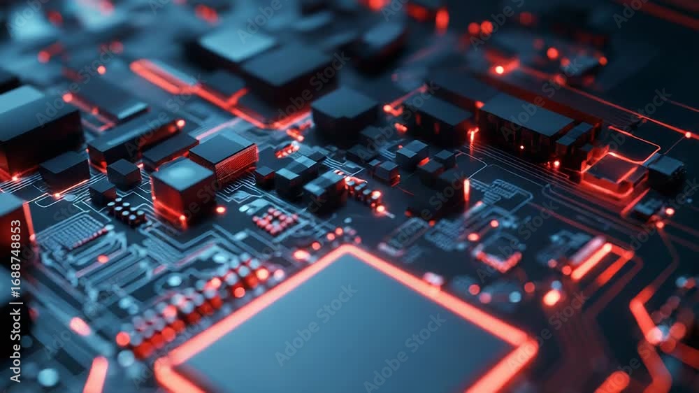 Poster modern cpu performing complex calculations with red lights illuminating motherboard