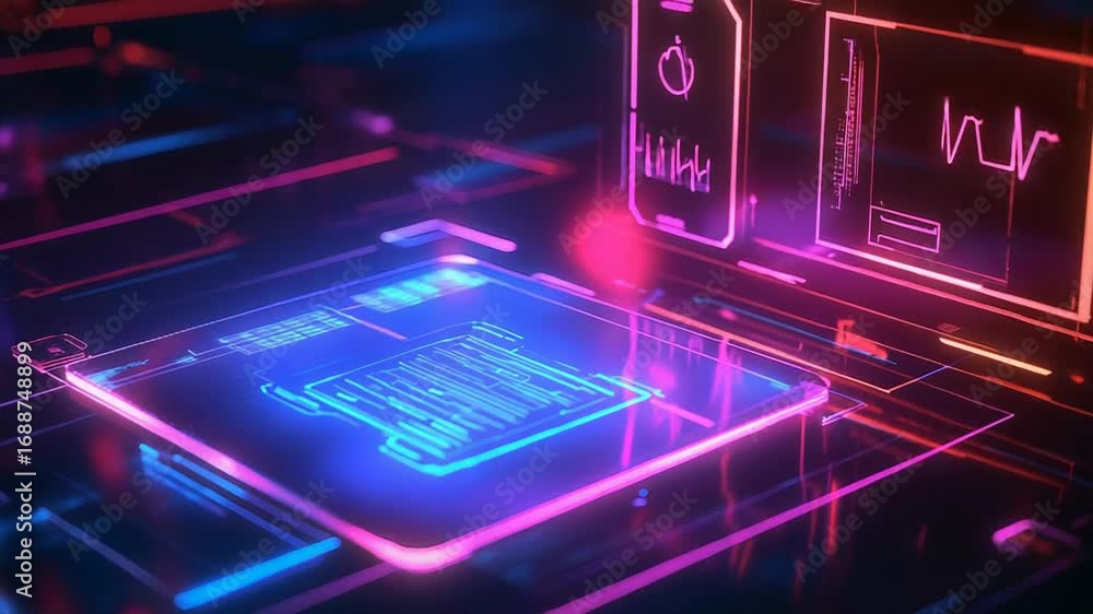 Poster futuristic cpu performing complex calculations with glowing neon lights