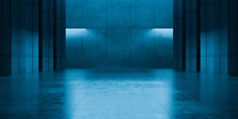 Modern Underground Massive Concrete Cement Blocks Hallway Room Tunnel Corridor Bunker Hangar Realistic Stage Lights Empty Warehouse 3D Rendering