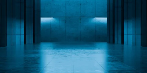 Modern Underground Massive Concrete Cement Blocks Hallway Room Tunnel Corridor Bunker Hangar Realistic Stage Lights Empty Warehouse 3D Rendering © IM_VISUALS