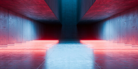 Modern Underground Massive Concrete Cement Blocks Hallway Room Tunnel Corridor Bunker Hangar Realistic Stage Lights Empty Warehouse 3D Rendering