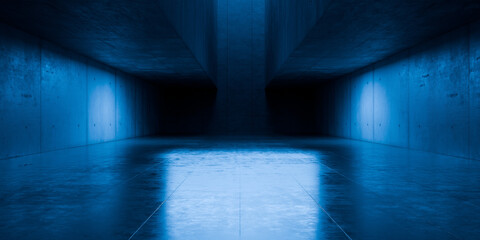 Modern Underground Massive Concrete Cement Blocks Hallway Room Tunnel Corridor Bunker Hangar Realistic Stage Lights Empty Warehouse 3D Rendering