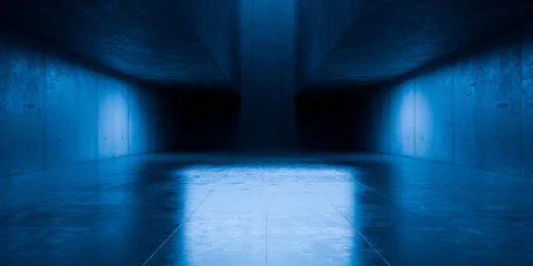 Modern Underground Massive Concrete Cement Blocks Hallway Room Tunnel Corridor Bunker Hangar Realistic Stage Lights Empty Warehouse 3D Rendering © IM_VISUALS