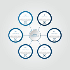 Marketing process visualization timeline diagram | Business data representation with white circle diagram dot connection with icon | 3d centre radial 6 steps blue flowchart   for business