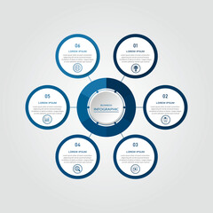 Marketing process visualization timeline diagram | Business data representation with white circle diagram with icon | 3d centre radial 6 steps blue flowchart   for business
