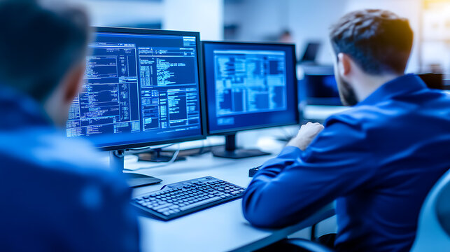 Two programmers working on computers with code displayed on dual monitors in a modern office setting.