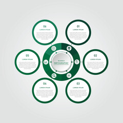 Marketing process visualization timeline diagram | Business data representation with white connected circle diagram with icon | 3d centre radial 6 steps flowchart   for business